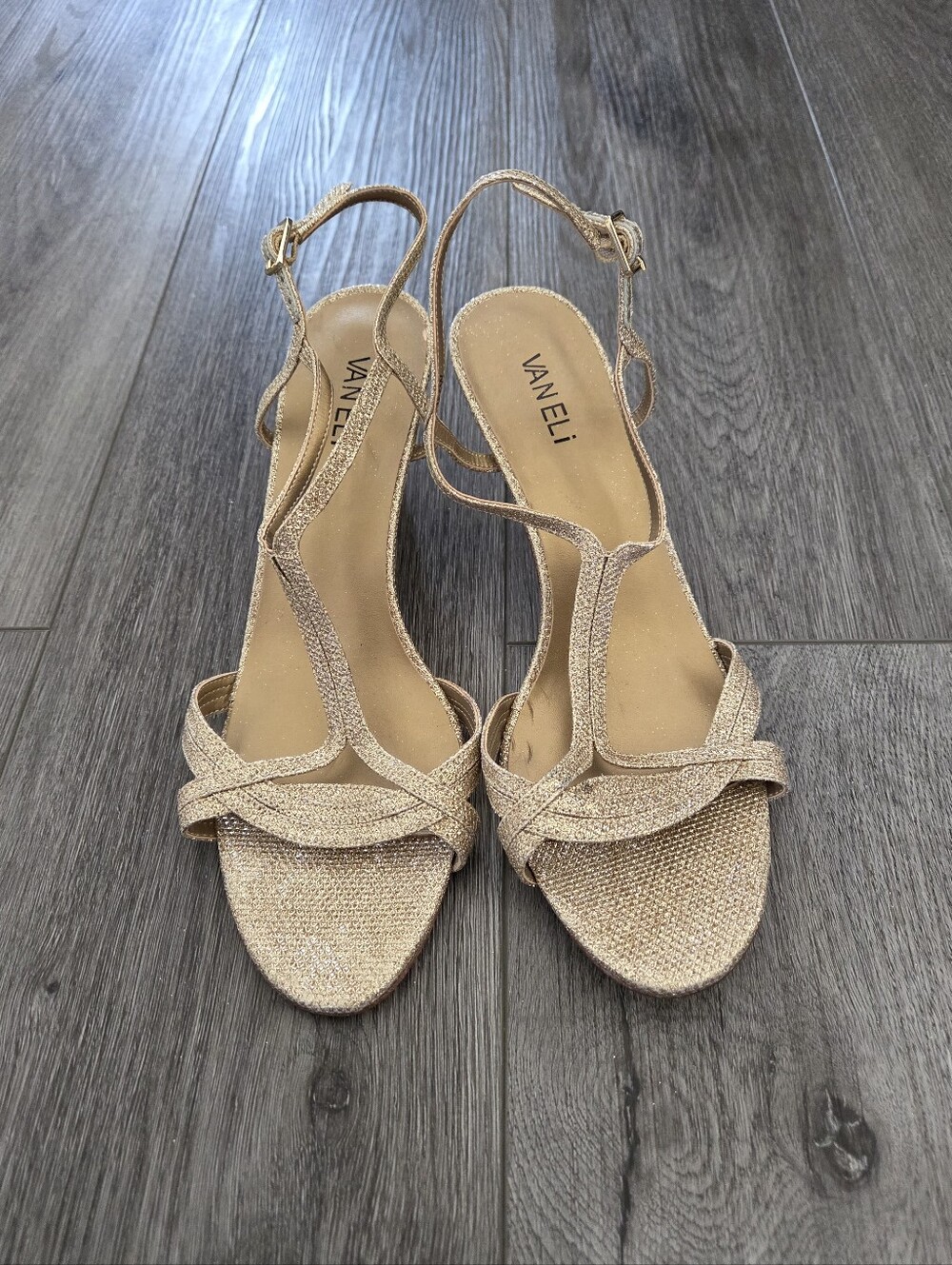 Vaneli Maxine Metallic Gold T-Strap Evening Heels, 2 1/2in Heel, Size 9.5